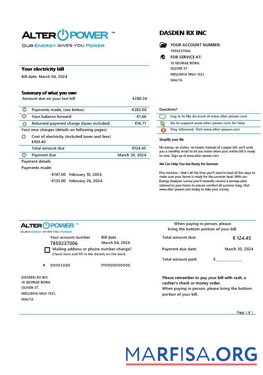 Printable Malta AlterPower Malta proof of address business utility bill template in Word and PDF formats